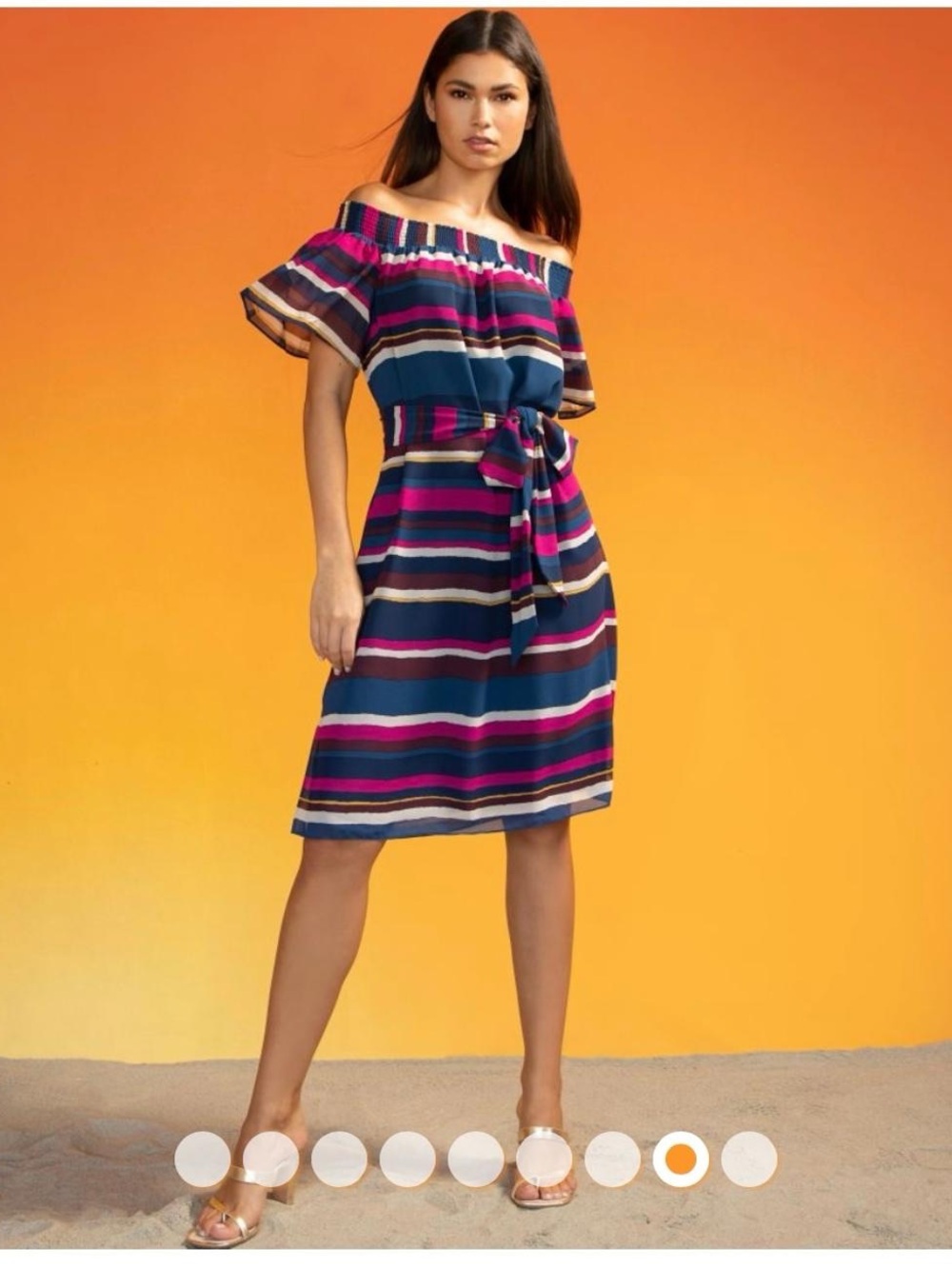 NWOT Trina Turk Navy, Pink and Teal Off-Shoulder Striped Mini Dress